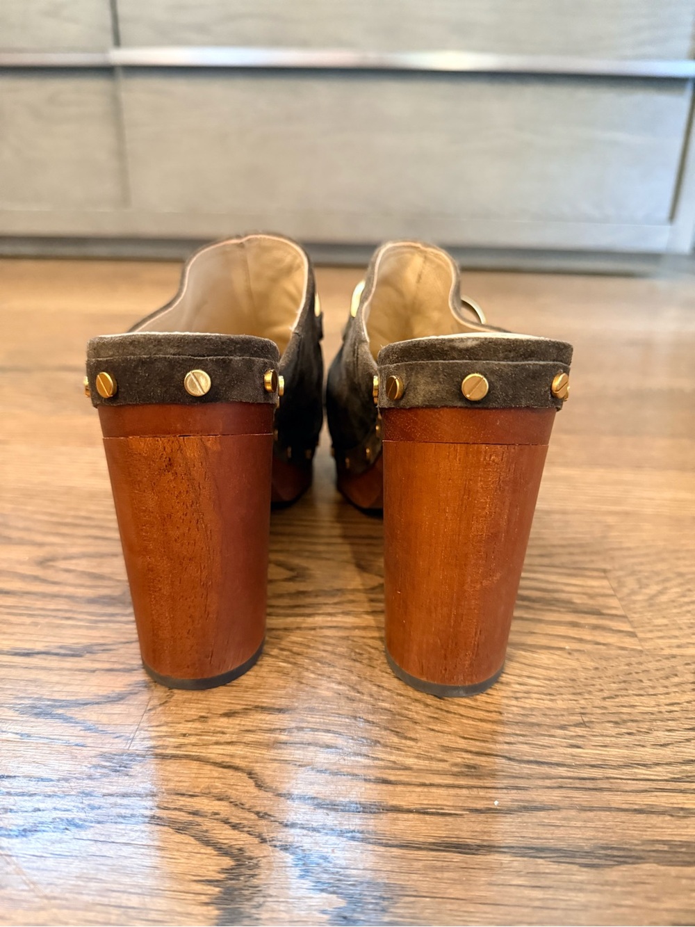 Veronica Beard Chunky Suede Mule with Gold Hardware - Brown - Picture 4 of 5
